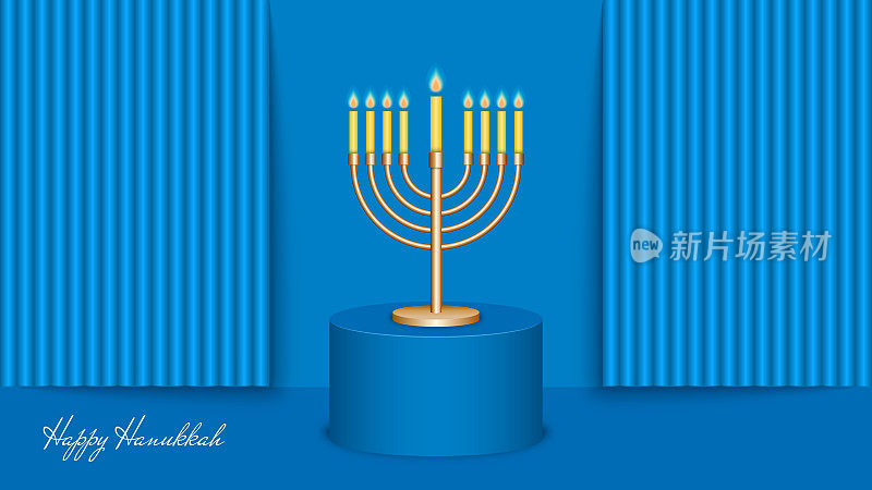 光明节快乐贺卡蓝色模型。三维组成的烛台与九支蜡烛在一个基座上，以开放的后台背景。