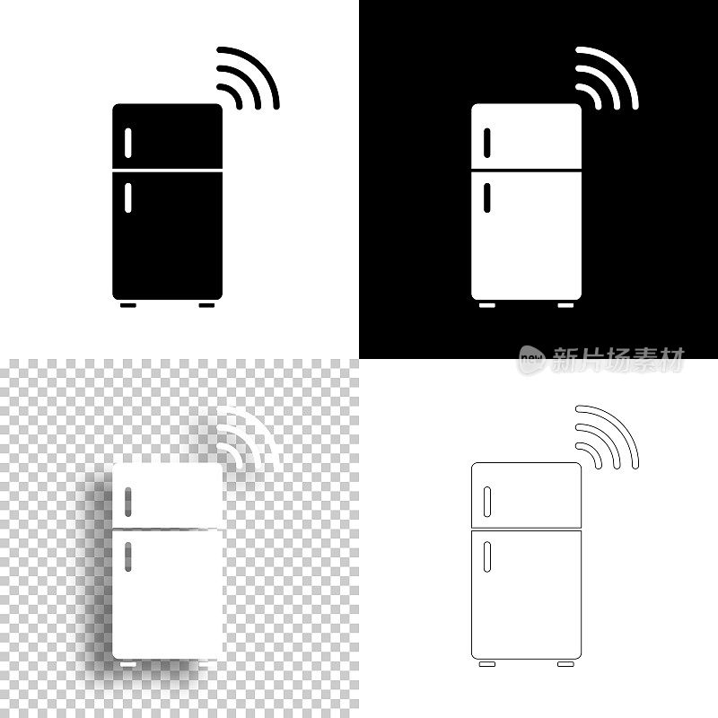 智能冰箱。图标设计。空白，白色和黑色背景-线图标