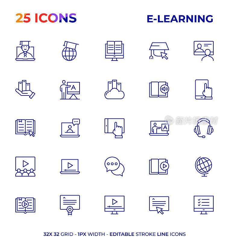 E-Learning可编辑笔画线图标系列
