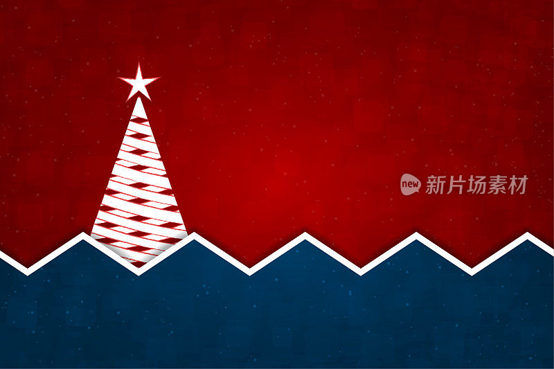 水平矢量图，用锯齿线将背景划分为午夜海军蓝、深红或栗色，颜色对比鲜明，顶部有一颗星星照亮的圣诞树
