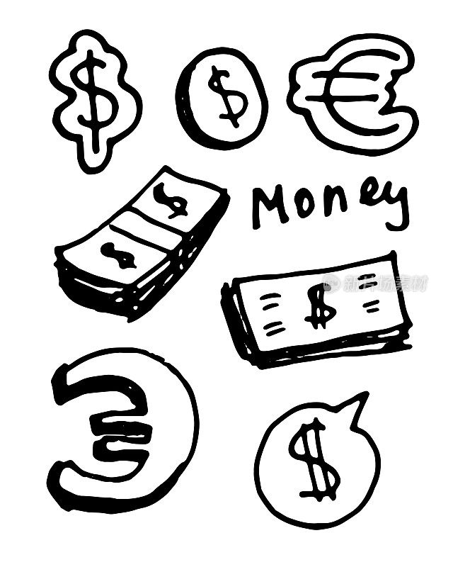 一组金钱标志。手绘现金，美元和硬币和欧元，钞票包装隔离黑色轮廓在白色的设计模板
