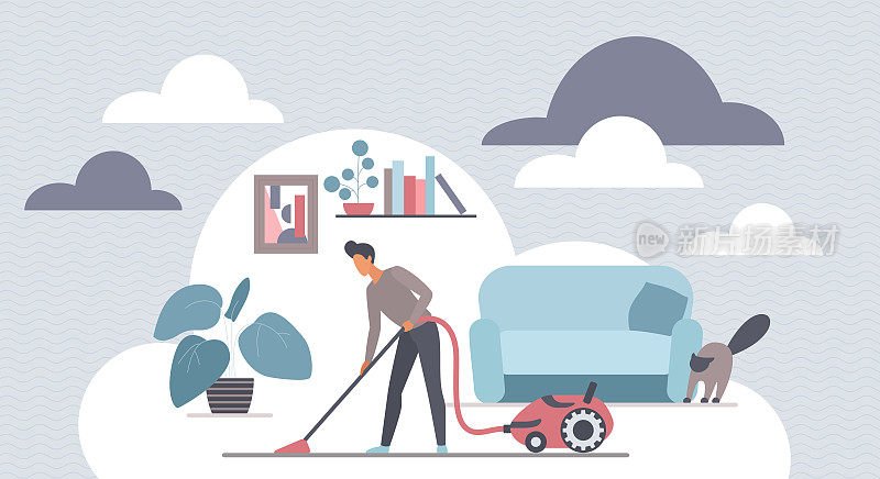 男人用吸尘器清洁家庭客厅，管家或做日常清洁