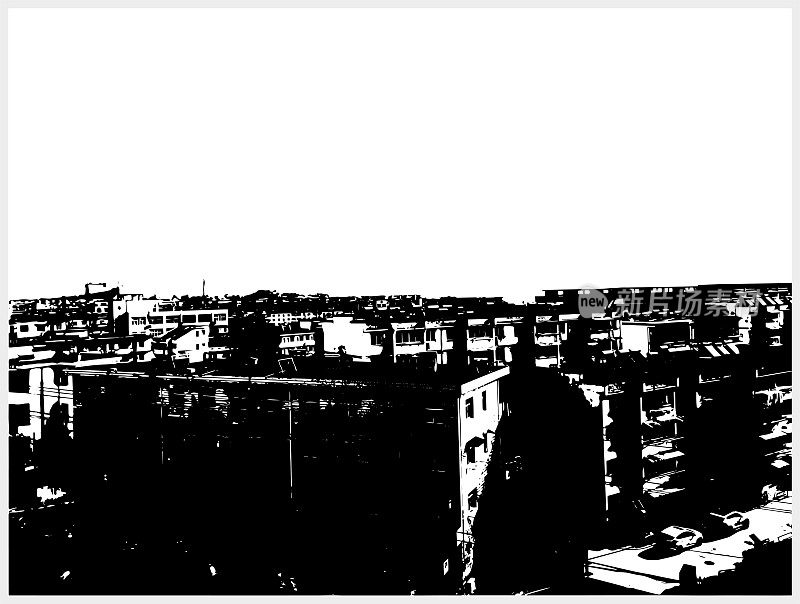 黑白木刻风格的城市建筑场景