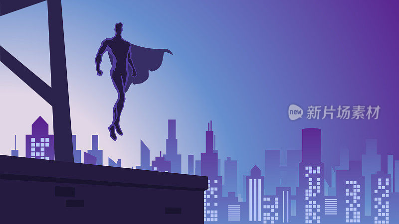 矢量超级英雄剪影漂浮在一个城市