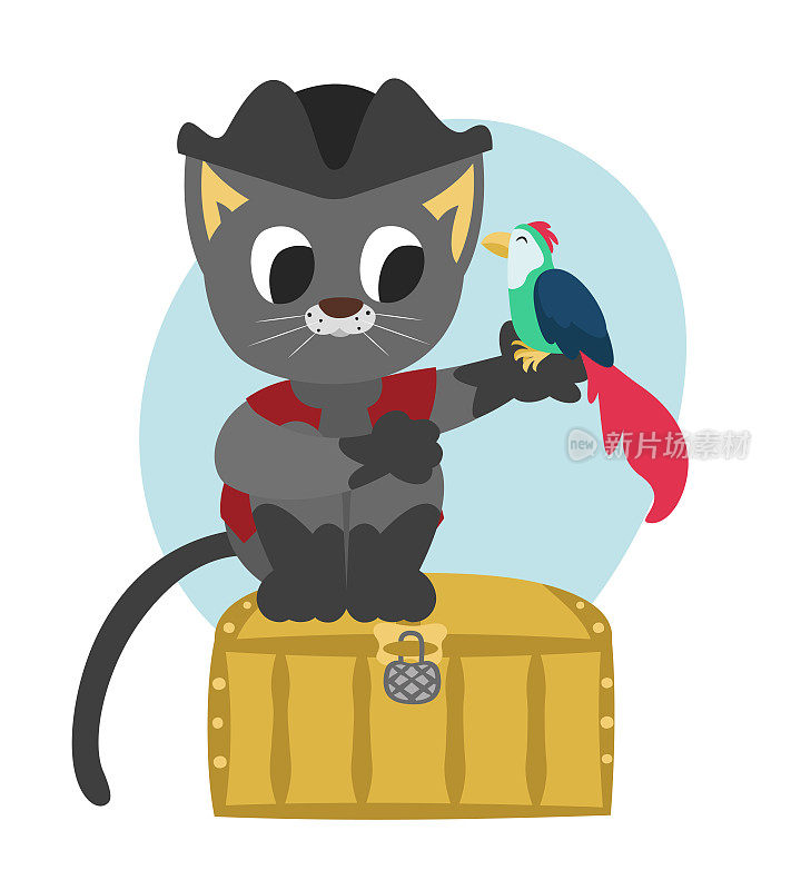 海盗猫和鹦鹉坐在橡木箱子上