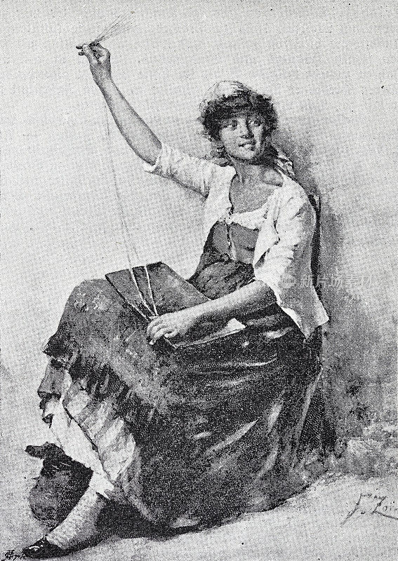 年轻女子,一头卷发,是珠绣工,右臂向上