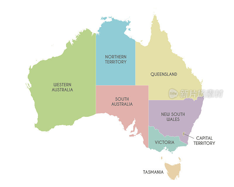 带有区域或领土和行政区划的澳大利亚矢量地图。可编辑和明确标记层。