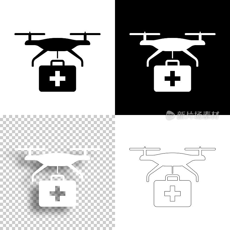 装有急救箱的医疗无人机。图标设计。空白，白色和黑色背景-线图标