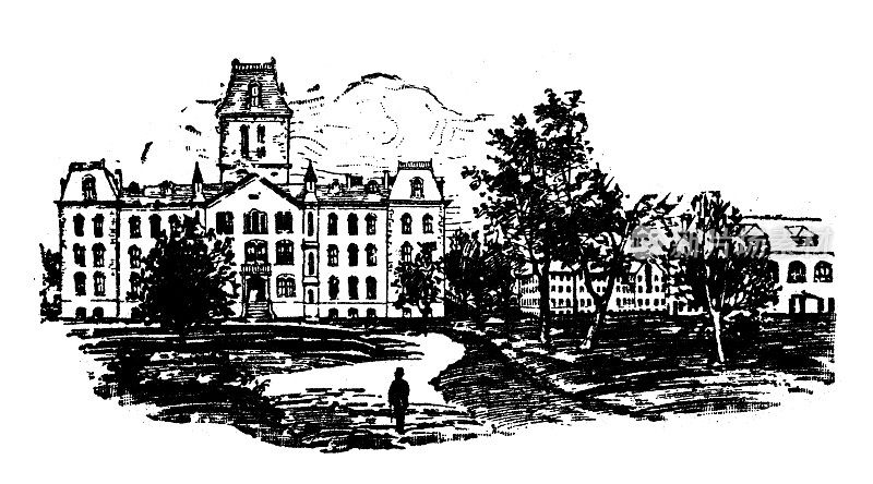 美国古董插画，内布拉斯加州地标和公司:林肯，内布拉斯加州大学