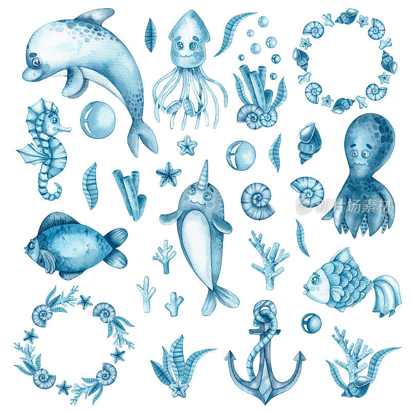 水彩蓝色集章鱼，海豚，独角鲸，鱿鱼，海马，鱼，珊瑚，贝壳，藻类