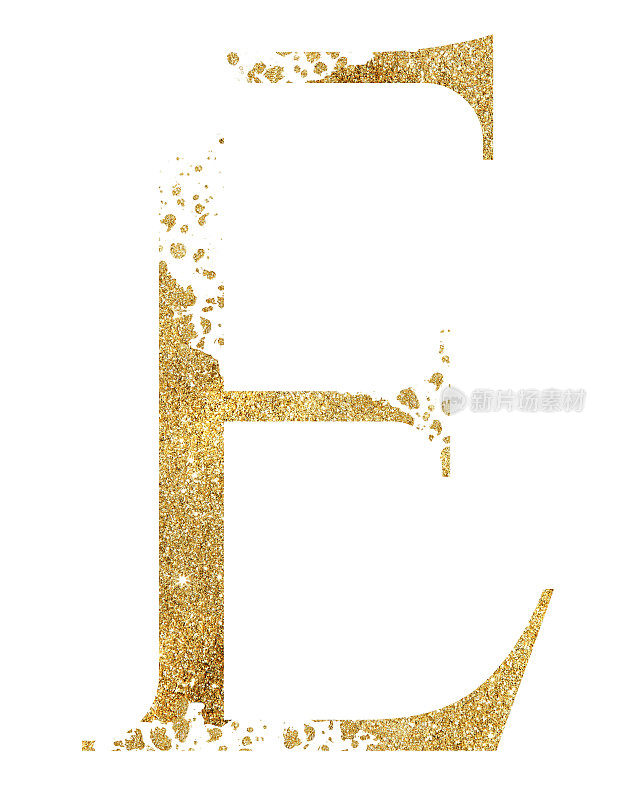 金色闪光的大写字母F与分散效果孤立插图