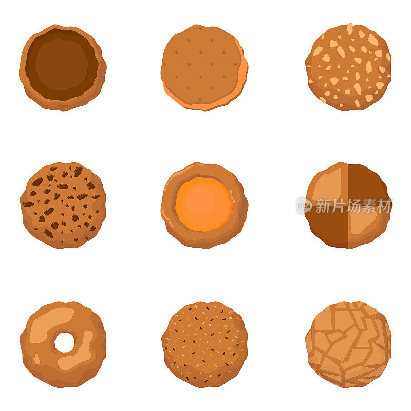一套不同形式的饼干在白色背景。矢量插图的糕点与美味的配料在卡通风格的假期。