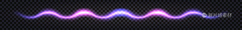 霓虹灯发光波，紫色和蓝色漩涡激光光效果。电闪雷鸣，led二极管光线，赛博朋克合成波边界上的黑暗背景。矢量图