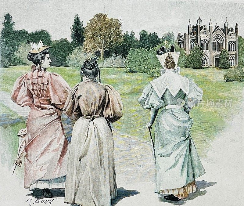 W?rlitz公园和城堡，三个女人行走，后视图