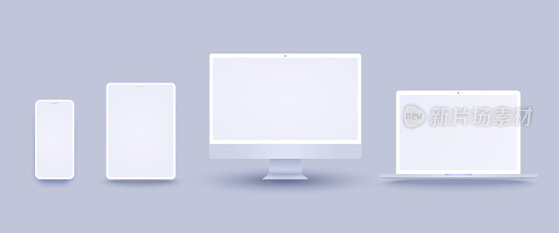 逼真的白色电脑模型集台式机，笔记本电脑，平板电脑和手机。粘土电子设备设置在前视图，pc屏幕，打开笔记本，pad和手机显示，用于促销或演示。