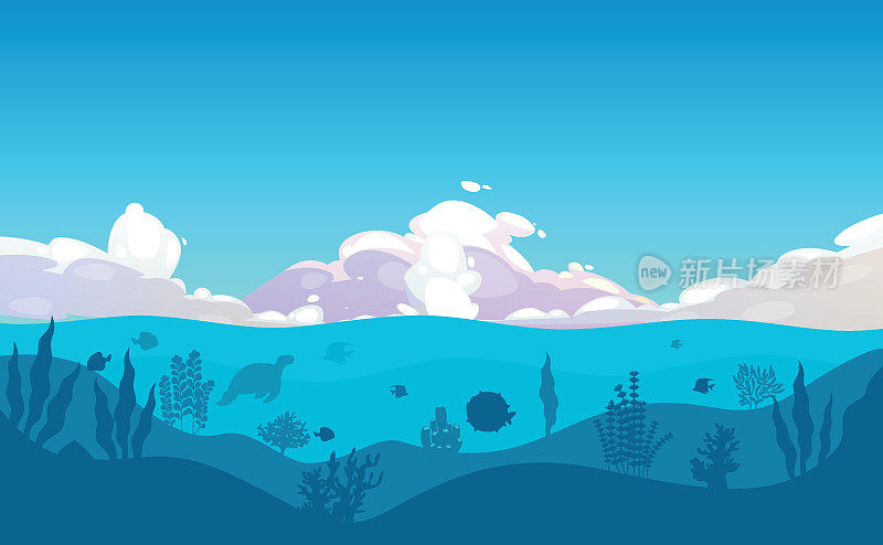 水下表面插画与天空，大的云，动物群，珊瑚礁，海藻，藻类，植物，鱼。海洋表面轮廓