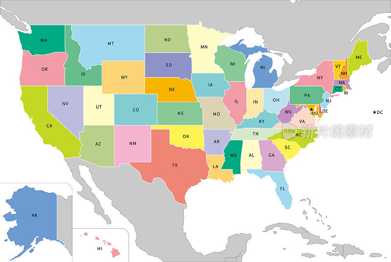美国地图，50个州的缩写