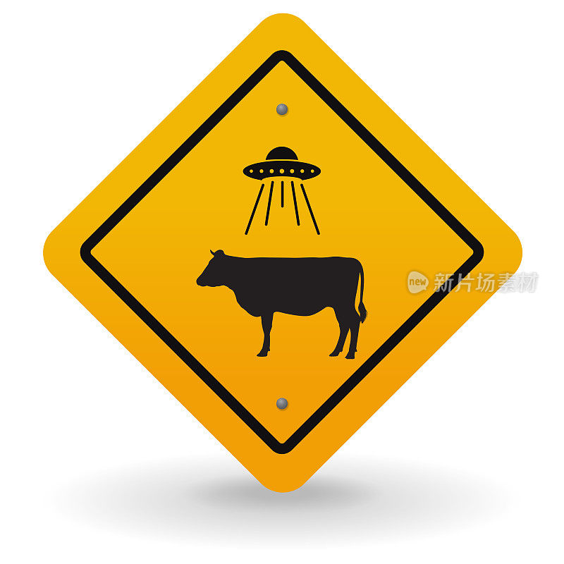 牛ufo绑架外星人和ufo警告路标矢量插图