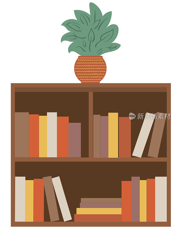 可爱的平面颜色书架与植物