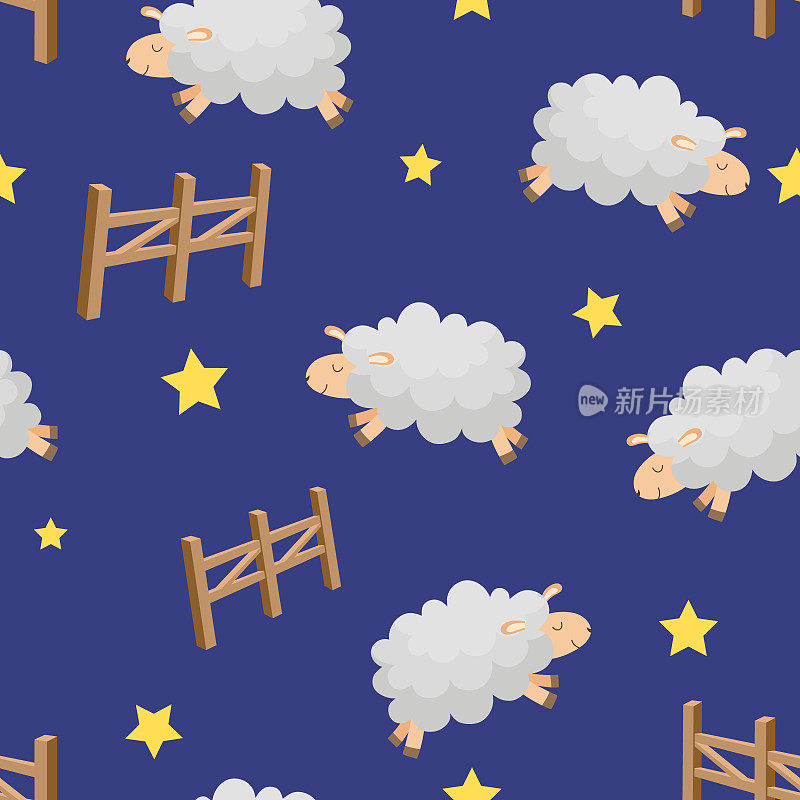 矢量无缝模式在深蓝色背景。可爱的卡通羊跳过栅栏。数羊才能入睡。
