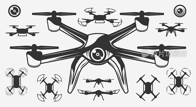 一套无人机的轮廓和图标。的无人机设计。10架无人机和2个镜头图标孤立在白色背景。矢量图