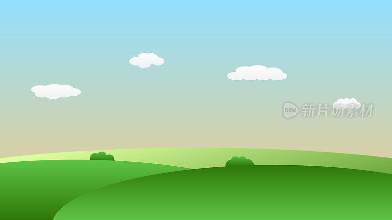 景观动画的场景。绿色的树木在山上与蓝色的河流和白色蓬松的云在夏天的蓝天背景