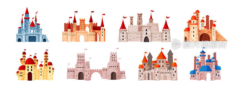 卡通宫殿和堡垒。古老的王国。童话建筑布景。国王的建筑。有桥或塔的城堡。中世纪的公主。骑士堡。矢量幻想房屋收藏
