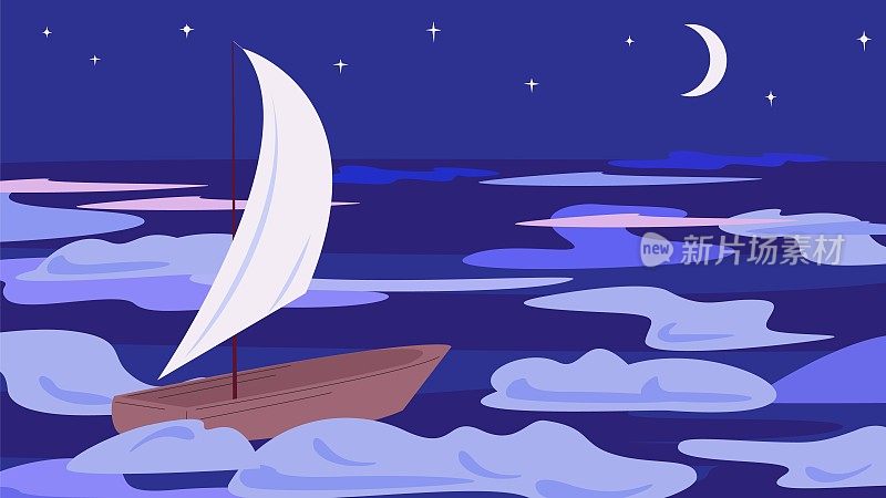 夜晚，在月亮和星空的照耀下，帆船在海洋中航行。酸时髦插图单船。向量隐喻孤独和在世界上寻找位置