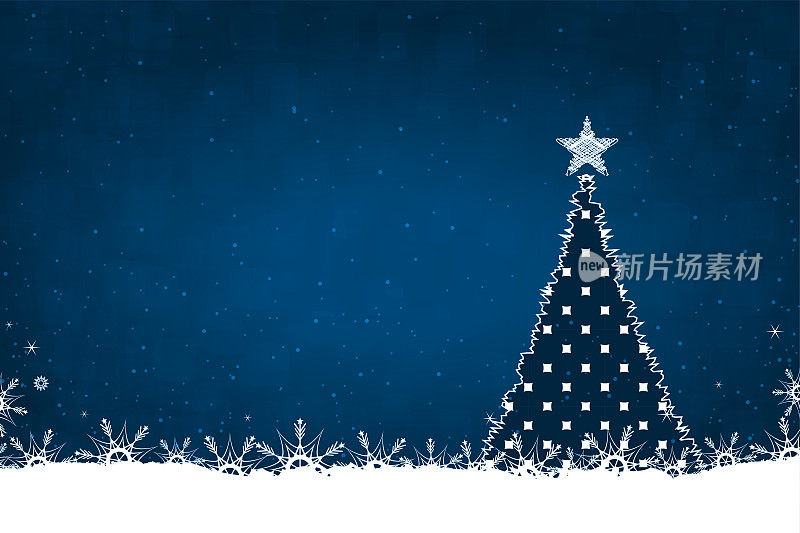 横向深色午夜海军蓝圣诞背景，一个创意白色点缀的圣诞树，顶部有一颗明亮的星星，雪花和雪花遍布地面和闪闪发光的斑点背景