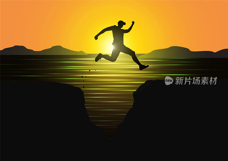 男人的剪影跳过悬崖在日出的背景，成就商业概念矢量说明