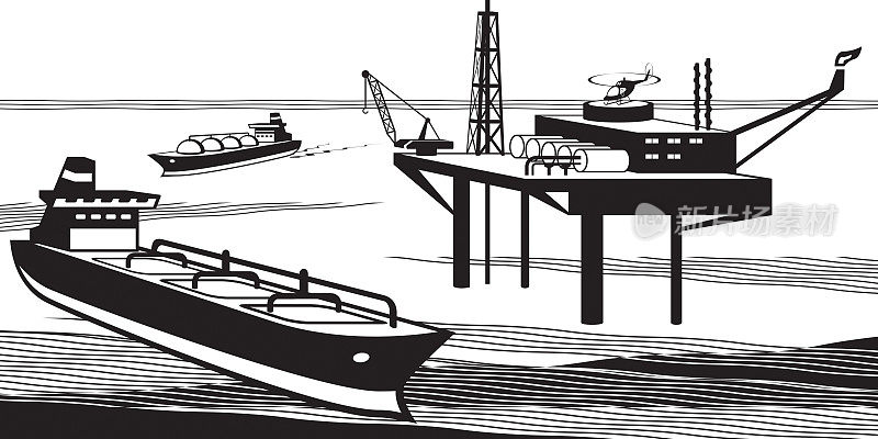 从海上石油钻井平台装载汽油的油轮