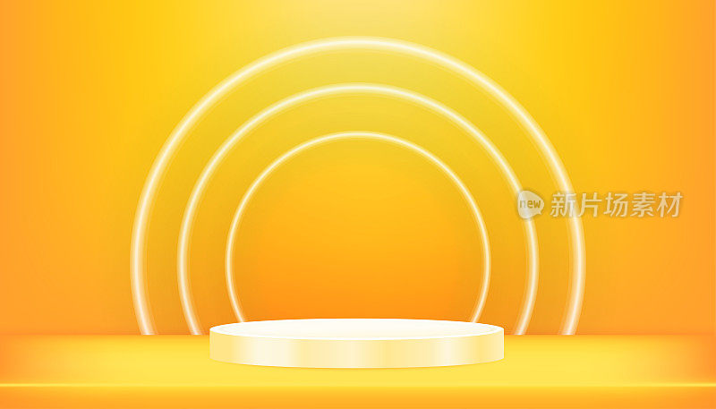 3d背景产品展示平台场景与黄色圆圈的立场和霓虹灯环橙色背景，矢量最小背景横幅设计为演示，促销，销售拍摄