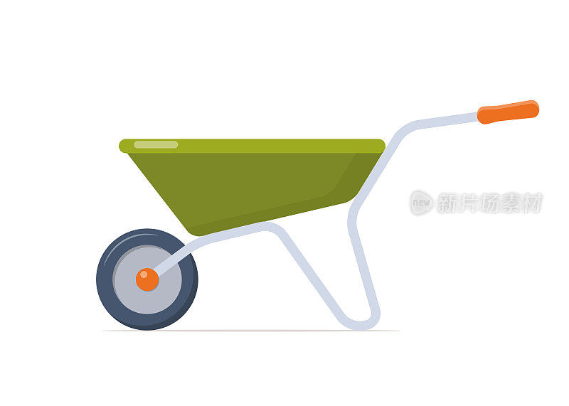 用于园艺和建筑的绿色独轮手推车。平面风格的矢量插图。