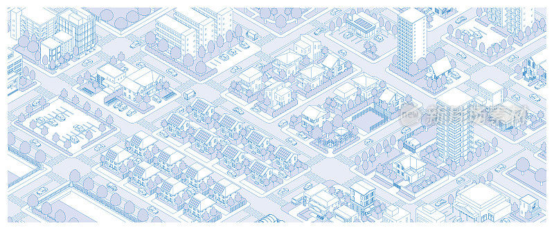 城市景观的三维视图。城市景观。线条插画。