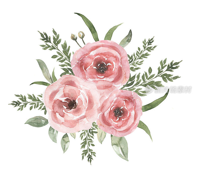 水彩画精致的牡丹花束剪纸，粉色花园花边界插画，花装饰，玫瑰剪辑艺术。婚礼请柬，婴儿送礼会，卡片制作