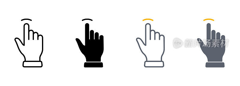 点击手势线和轮廓颜色图标设置。手光标计算机鼠标象形图。指针手指点击按触摸符号集合在白色背景。孤立矢量图