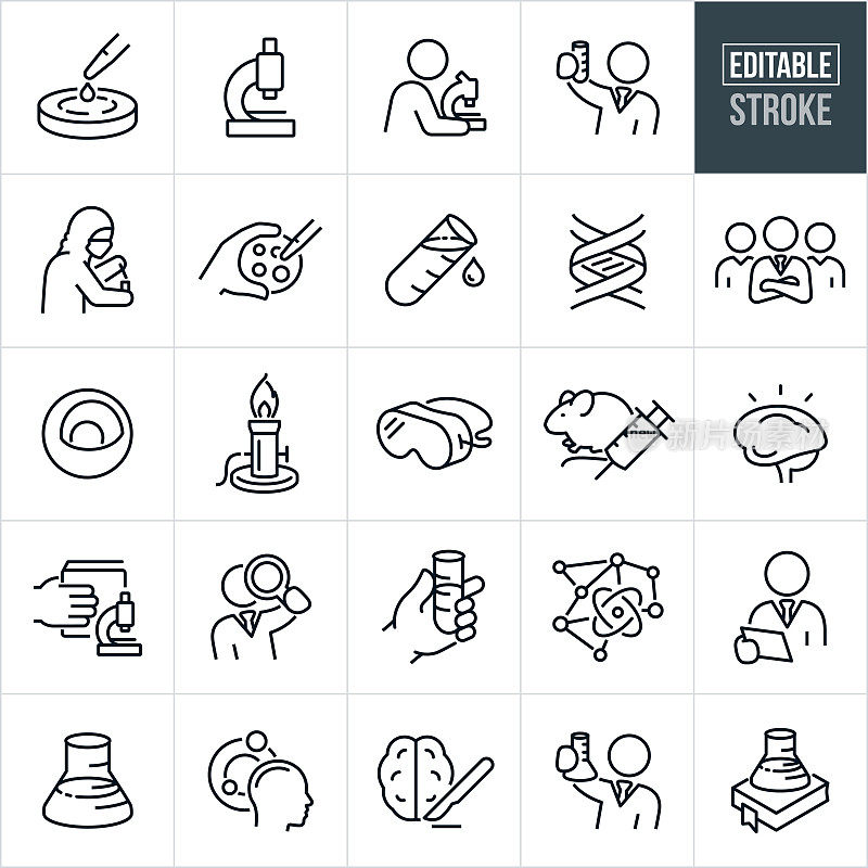 科学细线图标-可编辑的笔画-图标包括科学家,科学,实验室,实验室设备,烧杯,试管,DNA,显微镜,培养皿,科学实验,解剖,实验室大鼠,原子,分子,研究,实验,研究