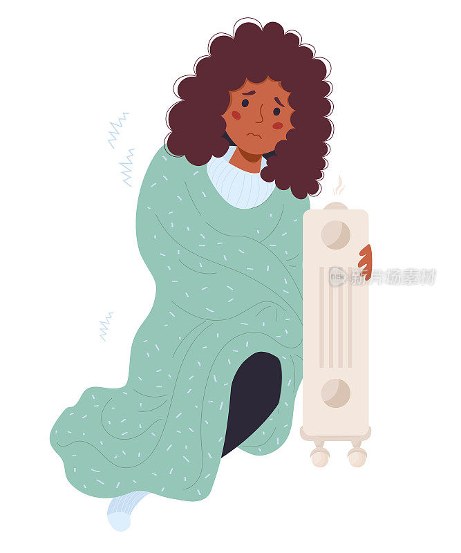 黑色悲伤的女孩裹着毯子被冻结，并在热散热器附近晒太阳。矢量插图。概念季节寒冷，遭受低度温度和和室内加热。