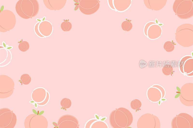 粉红色背景与桃子。向量的背景。春天,夏天。很多桃子