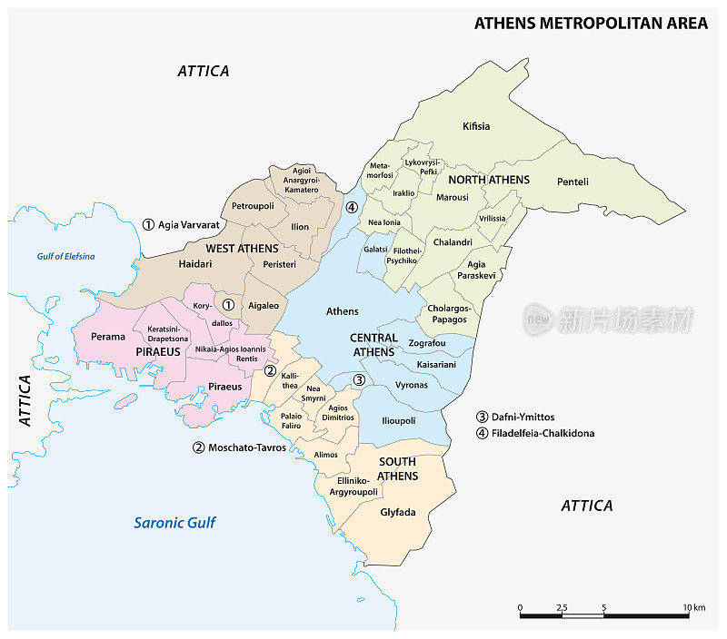 希腊雅典都市区的行政地图