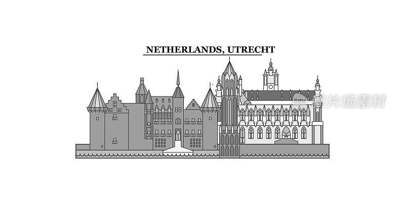 荷兰乌得勒支市天际线孤立矢量插图，图标