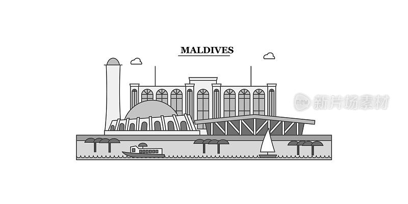 马尔代夫城市天际线孤立矢量插图，图标