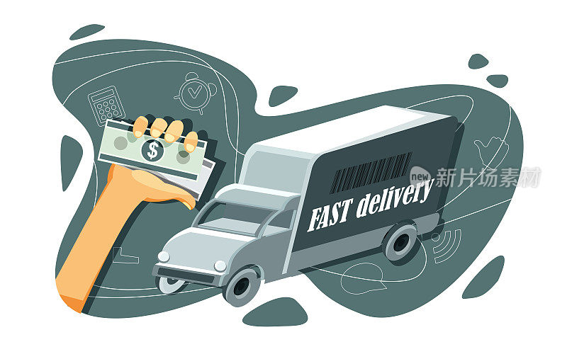 快速交付和全球电子商务理念在平面风格。在抽象的白色背景上，有一只手付款的快速送货卡车。