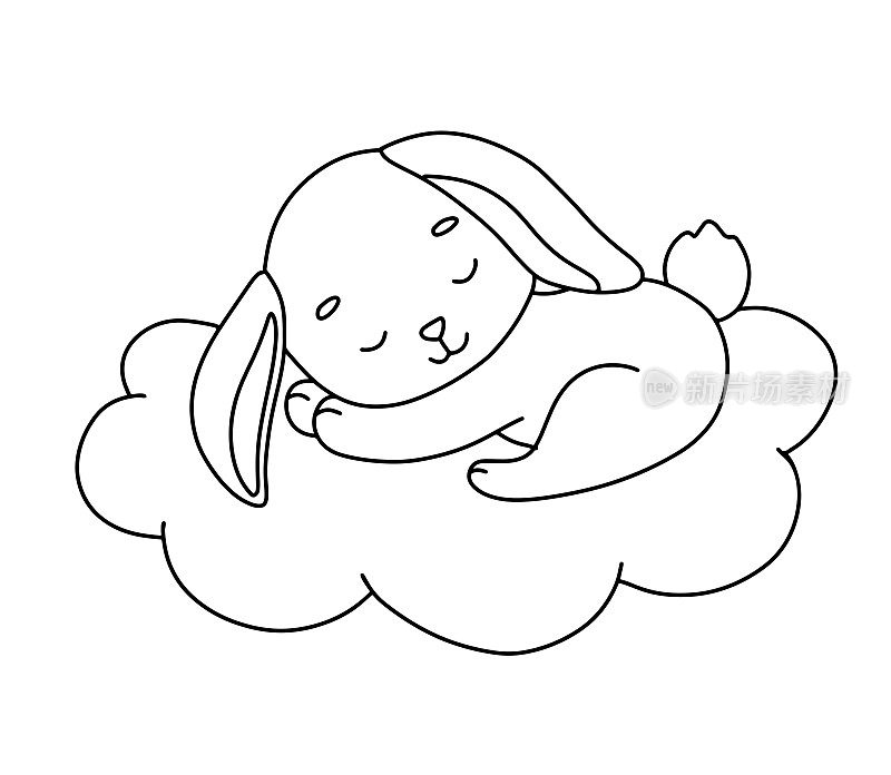 可爱的兔子在云上做梦。卡通手绘矢量轮廓插图着色书。线宝宝动物