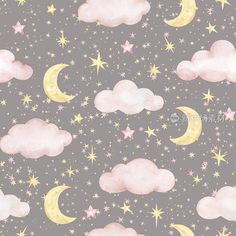 可爱的无缝图案与夜空，云，月亮，星星。