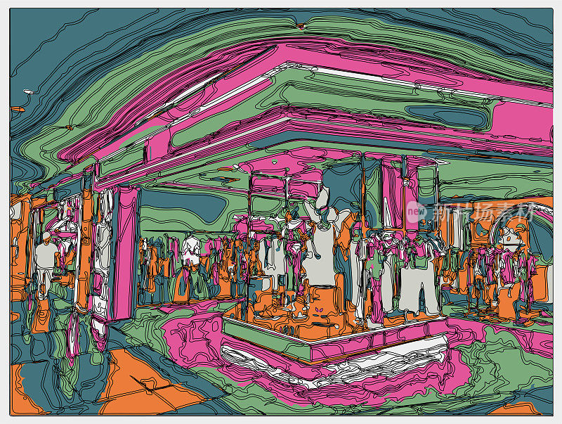 勾勒风格霓虹色彩的立体卡通室内场景，服装卖场的室内空间