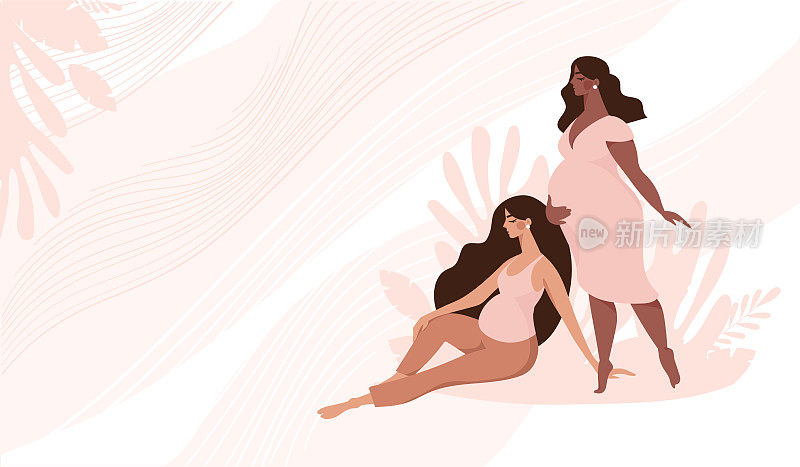 两个美丽的不同种族的孕妇在粉红色的背景与植物，母性，怀孕和家庭的概念。现代矢量横幅与文本的复制空间。