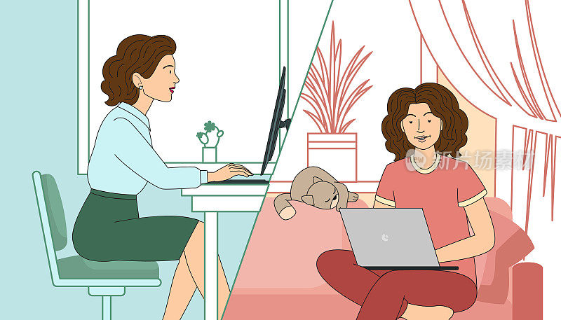 商务女性在混合工作坐在桌子之间的办公室和家庭舒适的环境，矢量插图在平面卡通风格