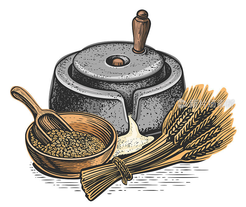 粮袋和磨盘，小麦。面粉生产理念。矢量图