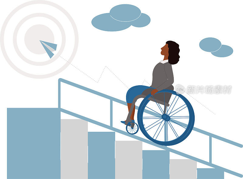 坐轮椅的女人在事业阶梯上步步高升。目标的实现。残疾人的职业发展。